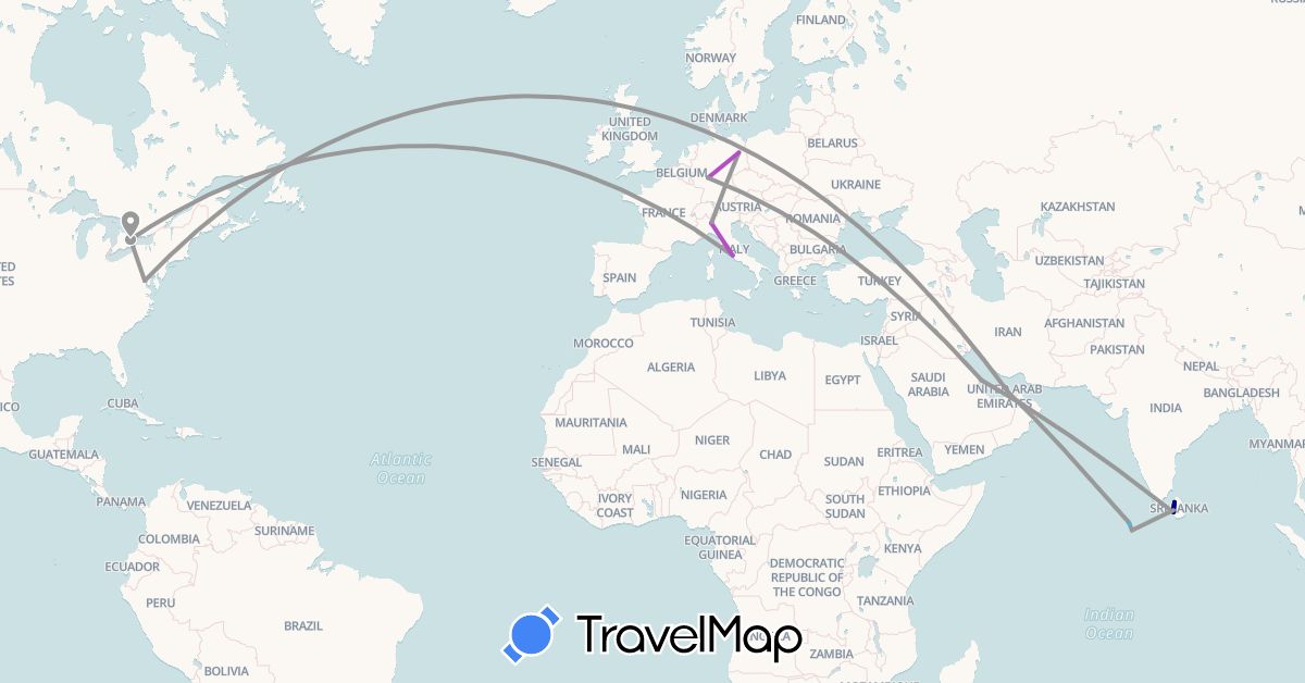 TravelMap itinerary: driving, bus, plane, train, hiking, boat in United Arab Emirates, Bahrain, Canada, Germany, Italy, Sri Lanka, Maldives, United States, Vatican City (Asia, Europe, North America)